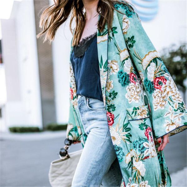 

plus size s-3xl high street jacket floral printed loose coat women long cardigan boho coat casual long sleeve jacket blouses, Black;brown