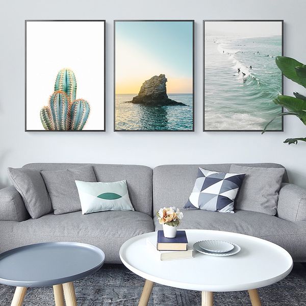 

nordic art print pastel watercolor cactus canvas painting poster botanical sea view beach wall art pictures for living room home decor