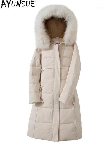 

ayunsue women's down jacket real fur collar hooded coat female white duck down woman parkas abrigo mujer zjt2851, Black