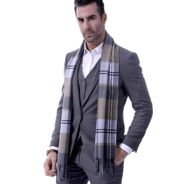 

scarves style plaid men's scarf male student fringed thickened warm bib, Blue;gray