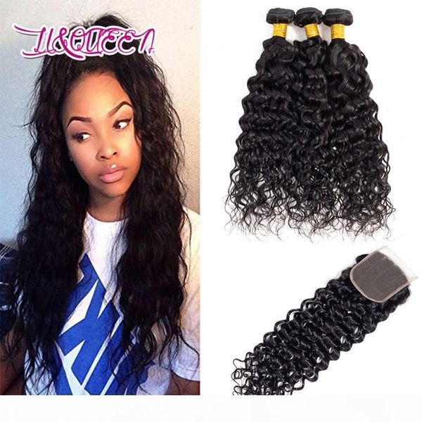 

9a peruvian water wave hair with closure 3 bundles with closure human hair peruvian wet and wavy hair with 4x4 closure wavy, Black;brown