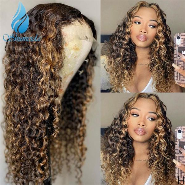 

lace wigs shd highlight brown curly color front with baby hair brazilian remy bleached knots pre plucked for women, Black;brown