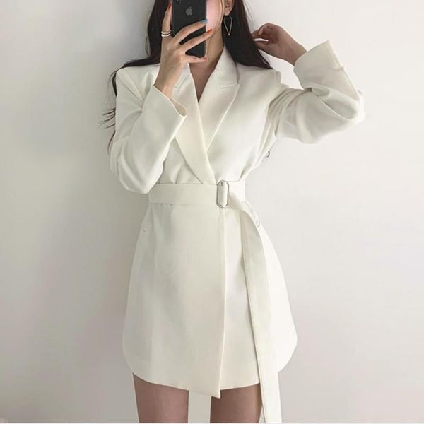 

2020 autumn fashion notched collar blazer women slim office lady belted suit jacket1, White;black