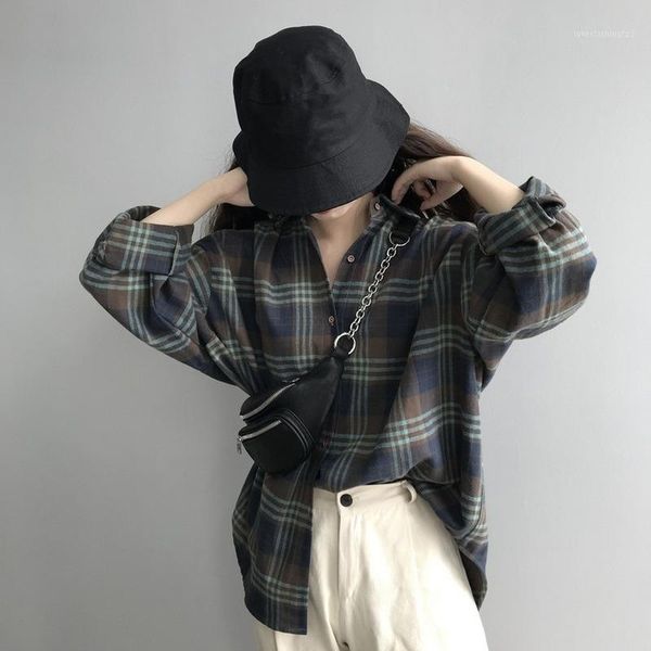 

women's blouses & shirts womens retro blouse 2021 spring turn-down collar long sleeve wool coat women plaid shirt female 6311, White