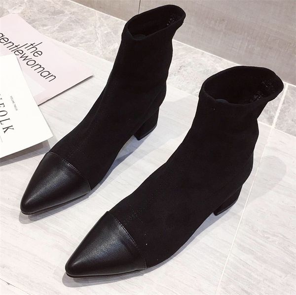 

2020 outono inverno moda feminina designer preto salto alto camura meias rebanho fio elstico tornozelo botas festa apontou toe fuxh, Black