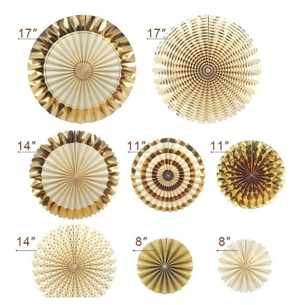 

nicro 8pcs /set gold party decorative creative paper flower fan handmade striped folding fan party jllsjy lucky2005