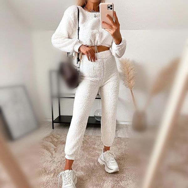

yyxz woman sets autumn fashion loose solid color long sleeve o-neck woman casual short terry sweatshirts & high waist pants, Gray