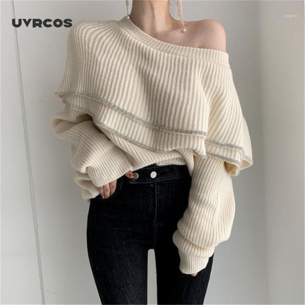 

uvrcos chic stylish off-shoulder double-layers collar all-match loose female women 2020 pullovers knitted basic sweaters1, White;black
