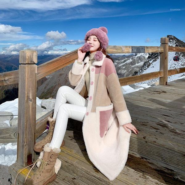 

2019 winter new style color matching lamb fur coat long fashion loose furry jacket lady pocket patchwork casacos feminino f24931, Black