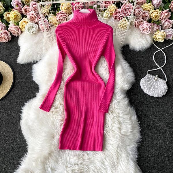 

long sleeve turtleneck solid slim buttock pencil dress women vintage robe new 2020 auutmn winter ladies knit office dress korean, Black;gray