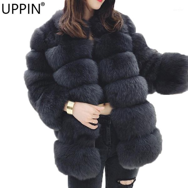 

uppin new stand collar faux fur coat winter women popular fashion warm jacket long sleeve overcoat female fake fur jacket coats1, Black