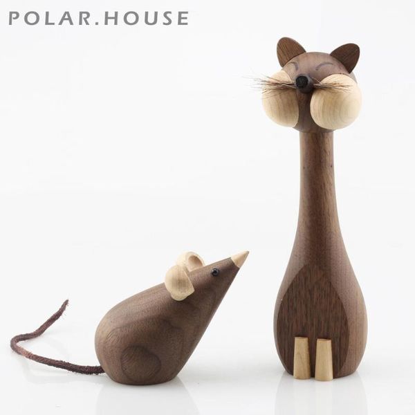 

decorative objects & figurines modern black walnut wood cat and rat dolls for home decoration room decor miniatures wooden animal craft birt