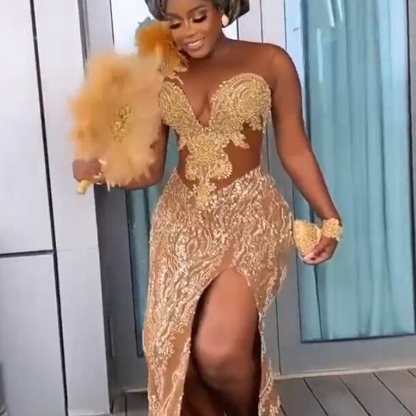 Sexy afrikanische Abendkleider mit langen Ärmeln Abendkleider Vestido De Fiesta Plus Size Abendkleid Meerjungfrau Applikation Partykleid Sheer S258m