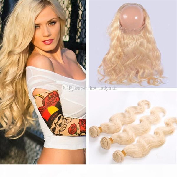 

pre plucked 360 lace frontal closure with bundles #613 platinum blonde peruvian body wave virgin human hair weaves with 360 band frontal, Black