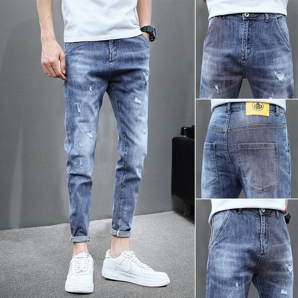 

spring autumn 2021fashion teenagers jeans men's korean elastic feet holes casual light-colored brand ankle length pencil pants, Blue