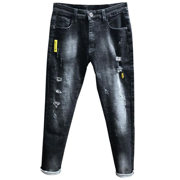 

voreloce classic patch hole men's slim denim jeans 2021 spring trend brand boys fashion cotton stretch pencil pants black grey, Blue