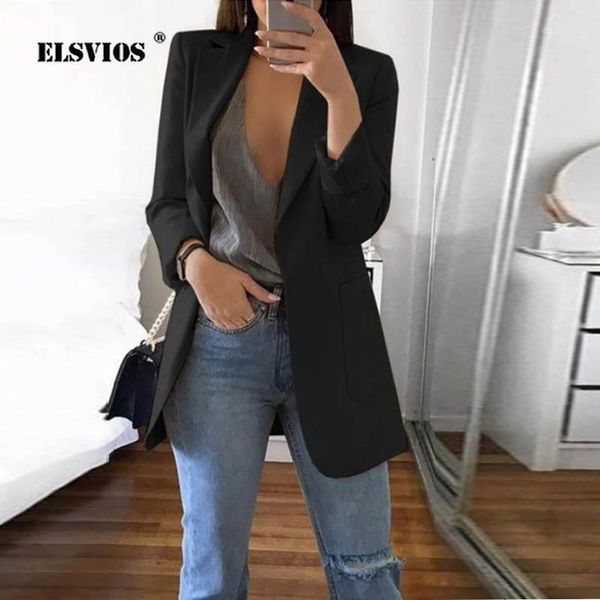 

elsvios 5xl casual autumn long sleeve turn-down collar coat lady solid color business jacket suit coat slim female clothing1, Black;brown