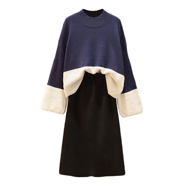 

women's tracksuits large size ladies winter knitting loose pullover sweater & long black pleated skirt leisure suit younger sister matc, Gray