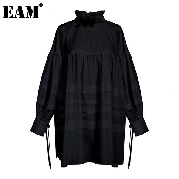 

[eam] women ruffles split joint big size blouse new stand collar long sleeve loose fit shirt fashion spring autumn lj200831, White