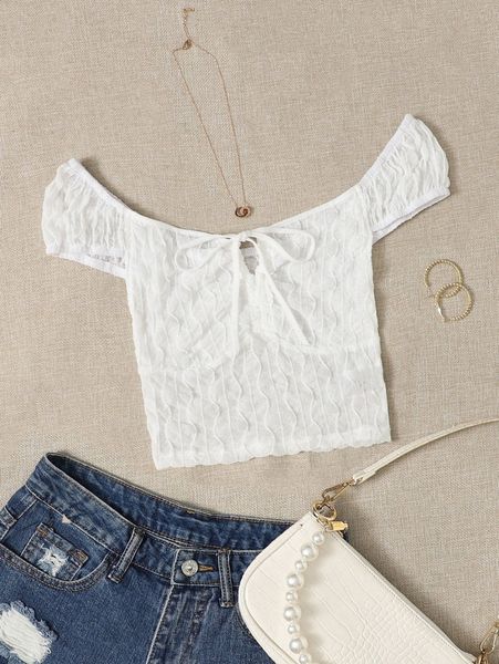 

tie front ruched bust textured mesh crop 92rl#, White