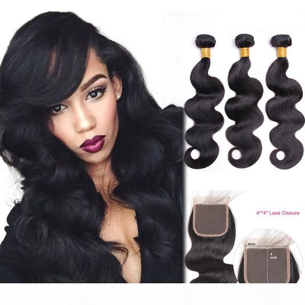 

7a класс кузова расслоения с закрытием бразильских волос плетения волос натуральные цвета человеческие волосы 4 пучка с закрытием remy наращ, Black