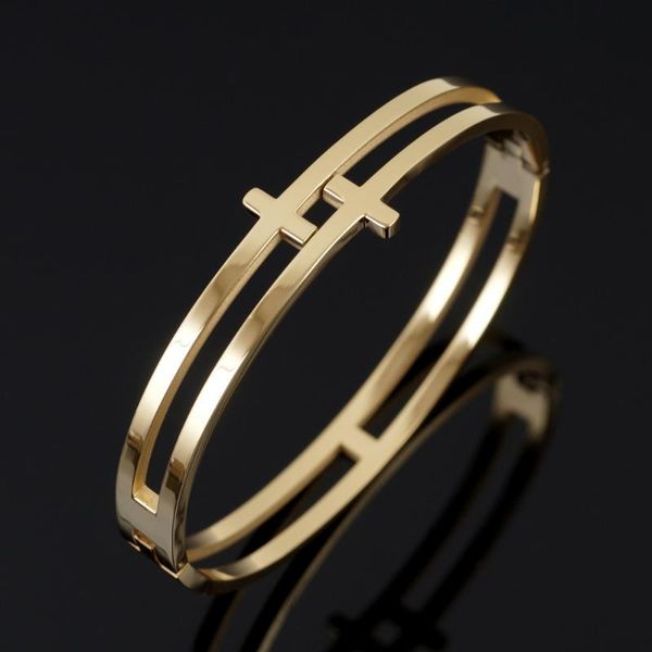 

bangle luxury double layer cross bracelets & bangles gold color stainless steel open for men women wedding jewelry gifts, Black