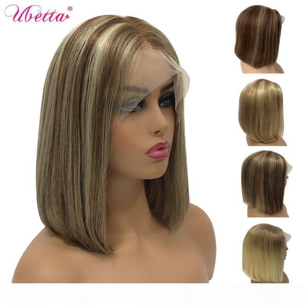 

ubetta 100% real hair highlight short bob wig u part human hair ombre 4x4 closure bob wigs colored plucked glueless remy baby, Black;brown