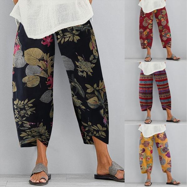 

2020 zanzea vintage harem pants womens print trousers casual floral long pantalon palazzo female elastic waist turnip oversized, Black;white