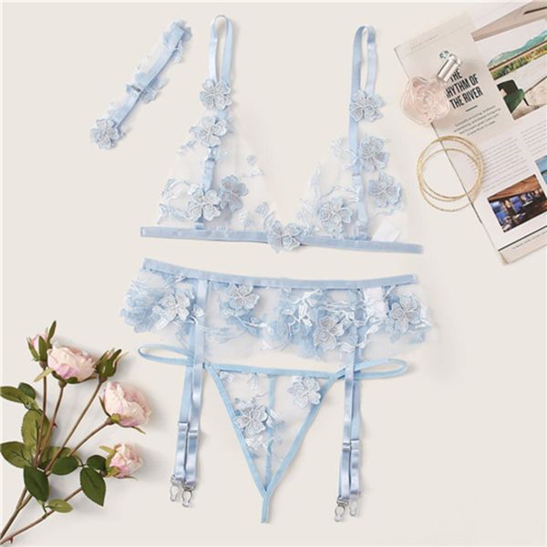 

colrovie blue applique sheer garter lingerie set with choker women intimates 2019 transparent bra and thongs underwear set c1212, Black;white