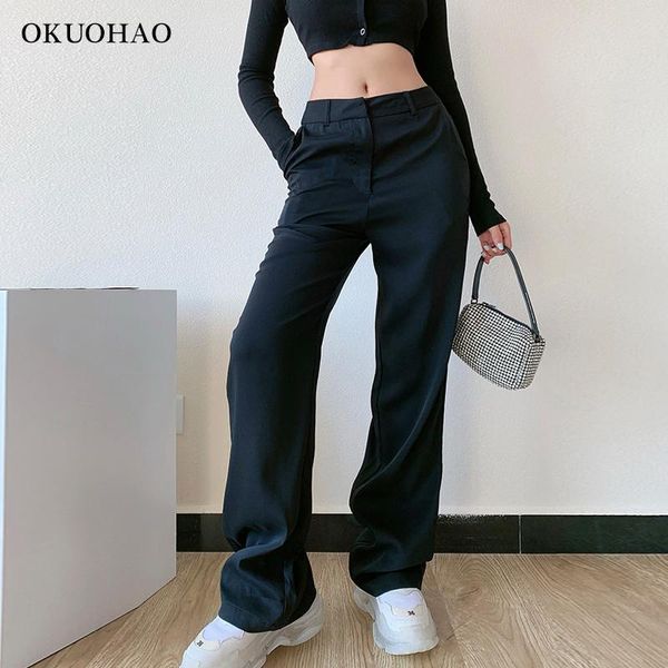 

okuohao women classic pants 2021 spring summer new high waist casual office loose female trousers slim straight mom suit pants, Black;white