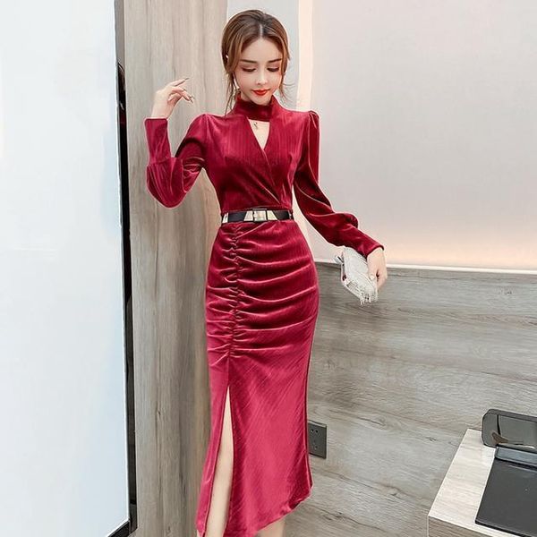 

casual dresses women 2021 spring autumn skinny velvet package hip dress female slim long sleeve midi bodycon party s983, Black;gray