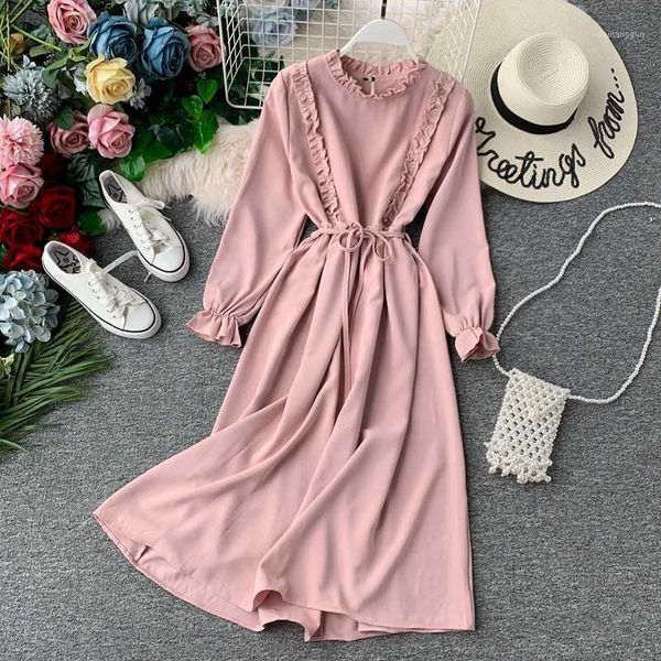 

women's autumn dress long sleeve ruffled collar high waist belt tie solid young girl elegant dresses woman vestidos female ls1521, Black;gray