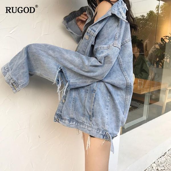

rugod 2020 spring vintage roaded hole jean gooking женщины повседневный свободные разворотный воротник джинсовая джинсовая куртка casaco fem, Black;brown