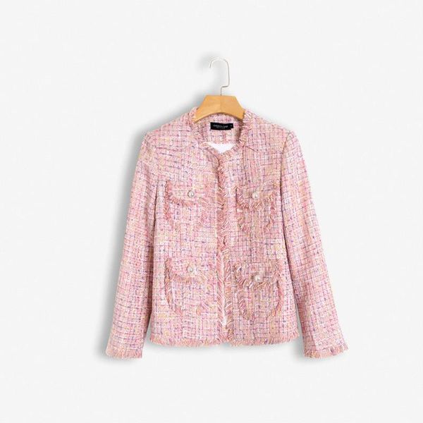 

new 2020 autumn women's plaid wool jackets sweet pink color outerwear coats ladies elegant pearl buttons pockets tassel jacket, Black;brown