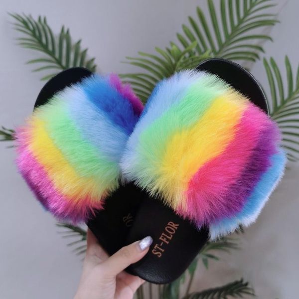 

summer raccoon fur slippers for women fluffy hair slides plush home sandals fashion cute rainbow flip flops ladies shoes, Black