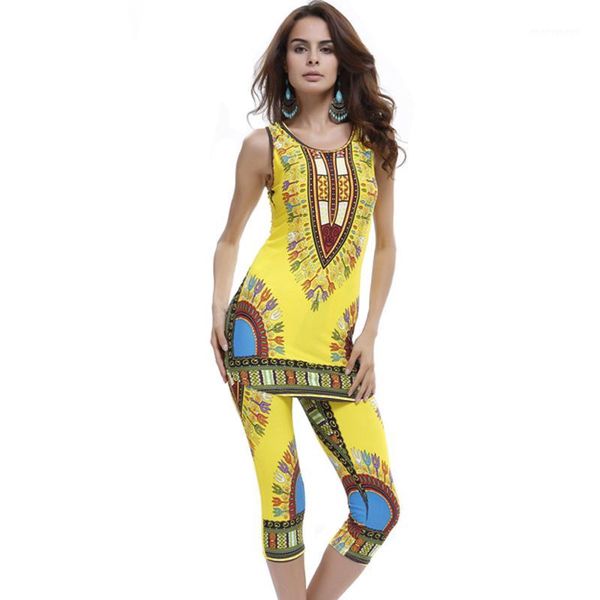 

women's suits & blazers 2021 summer vintage african print tank + 3/4 pants women o-neck geometric pattern sets fashion bandage vest sho, White;black