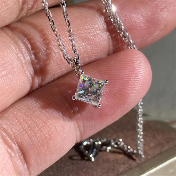 

simple fashion jewelry solitaire diamond pendant 925 sterling silver princess cut white z cz diamond gemstones women clavicle necklace