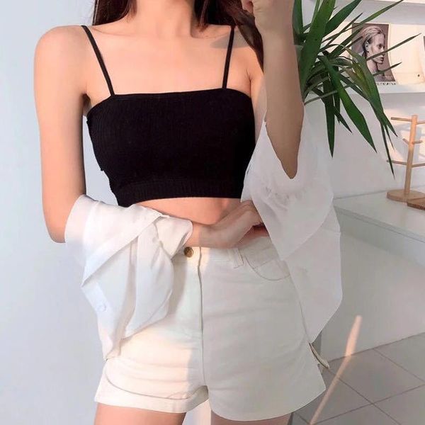 

solid color tank crop women summer basic crop streetwear sleeveless camis cool girls cropped tee camisole femme, Black;white