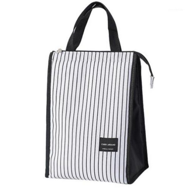

bag organizer simple striped daily picnic portable insulation lunch hand1, Blue;pink