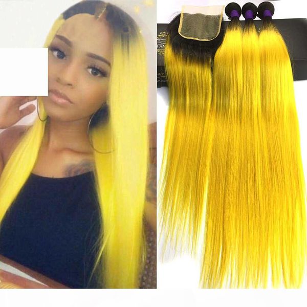 

ombre brazilian straight hair 3 bundles deal with lace closure remy human hair bundles with closure colored 1b yellow orange dark root, Black;brown