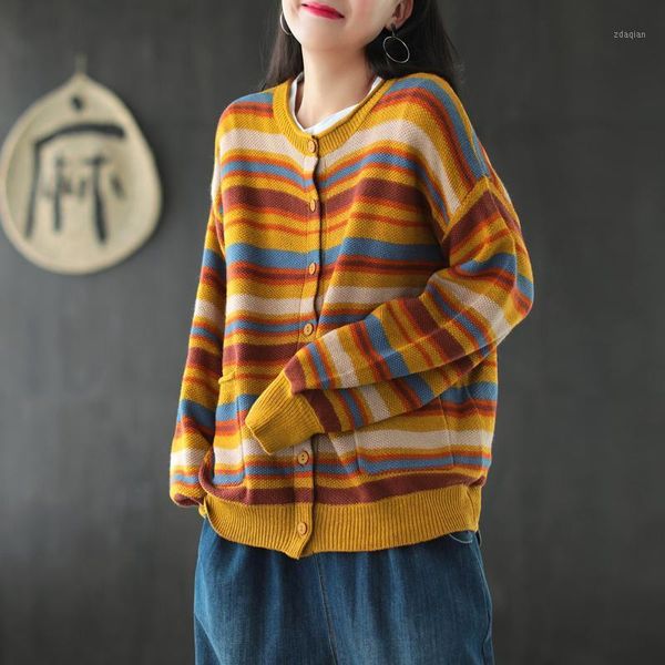 

women's knits & tees women sweater 2021 autumn winter cardigan loose all-match striped casual retro knitting 1, White