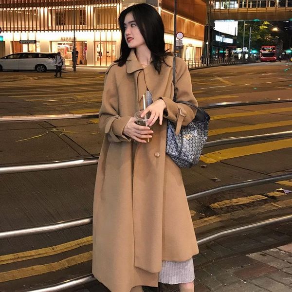 

2021 women autumn winter vintage wool jacket lady slim double breasted mid-long coat female casual loose oversize outerwear f249, Black