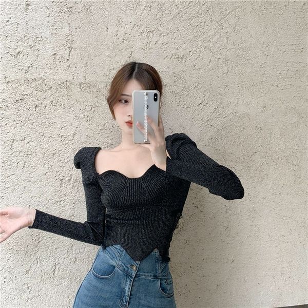 

autumn and winter new gentle wind t-shirt long sleeve short slim fried street thin sweater woman, White