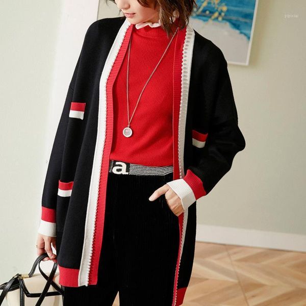 

new pearl color matching pocket cardigan loose medium length long coat women s autumn and winter leisure1, Black;brown