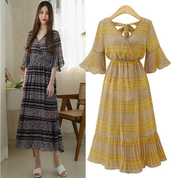 

style large women's v-neck floral lotus sleeve dress loose and thin skirt d160, Black;gray