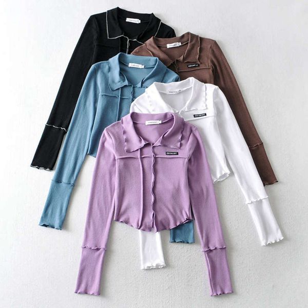 

design ins minority c639 sense wind sewing stitching long sleeve t-shirt women's close copy lapel bottom top, Black;gray