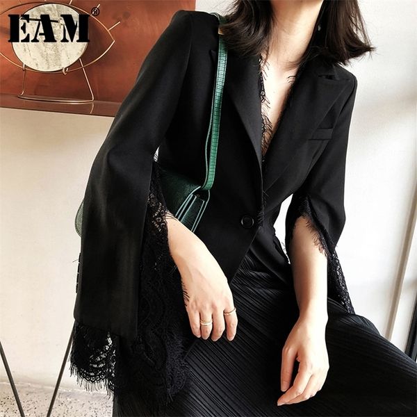 

[eam] women black lace vent stitch blazer new lapel long sleeve loose fit jacket fashion tide spring autumn 2020 lj201214, White;black