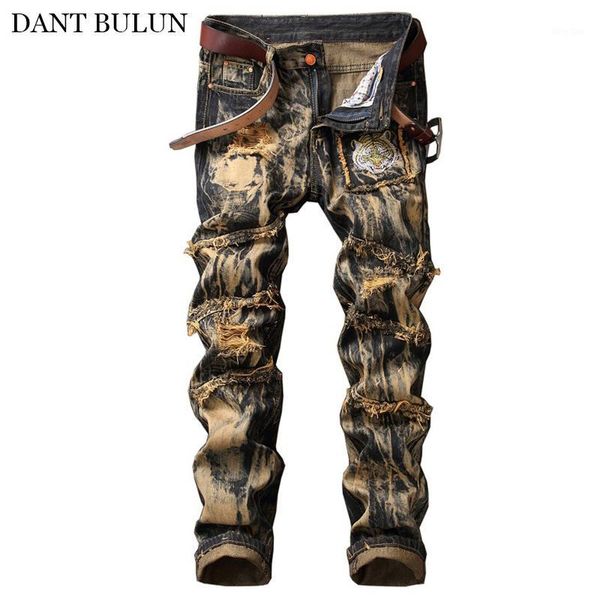 

straight jeans men distressed hole denim men's pants hombre hip hop designer tiger pactwork trousers streetwear plus size men1, Blue