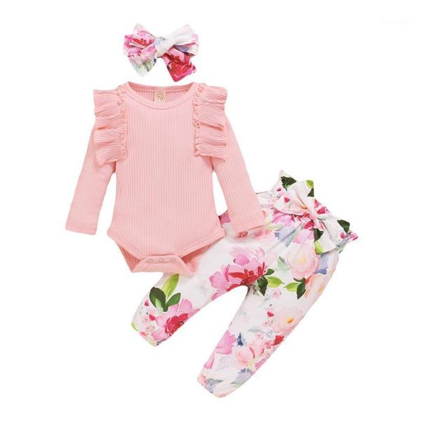 

newborn baby girl clothes solid knitted cotton romper flower print long pants headband 3pcs outfits clothes1, White