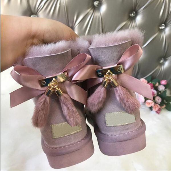 

snow boots sweet girl slip on 2020 winter women ankle boots natural wool genuine leather crystal bow ladies casual shoes, Black